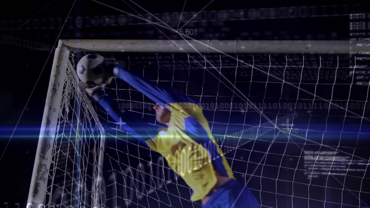 Futbol kalecisi alçalan topu kurtarmak ve golü engellemek için atlıyor, dijital çizgiler geri çekiliyor.