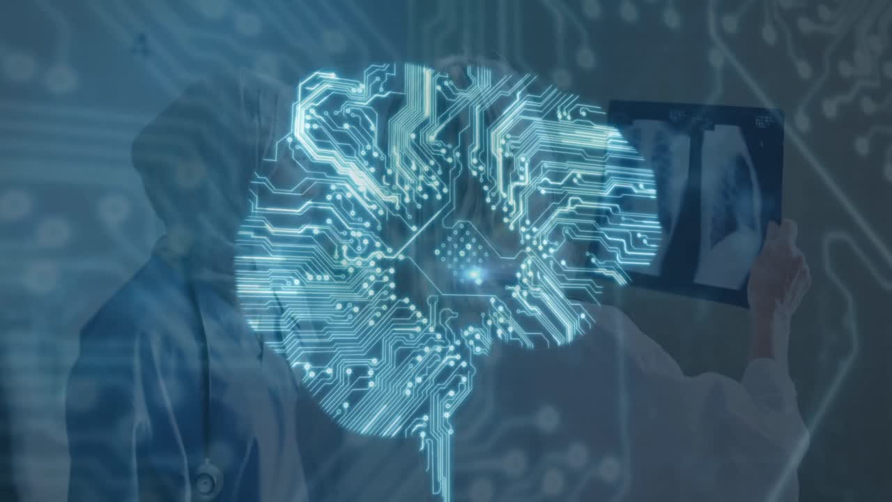 Animation of data processing over diverse female nurse and doctor with xray