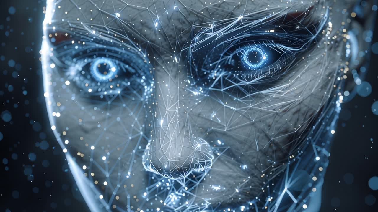 Rendering digitale astratto di un'entità di intelligenza artificiale con una rete di plessi luminosa e occhi blu futuristici, che rappresenta l'apprendimento automatico avanzato e l'evoluzione tecnologica