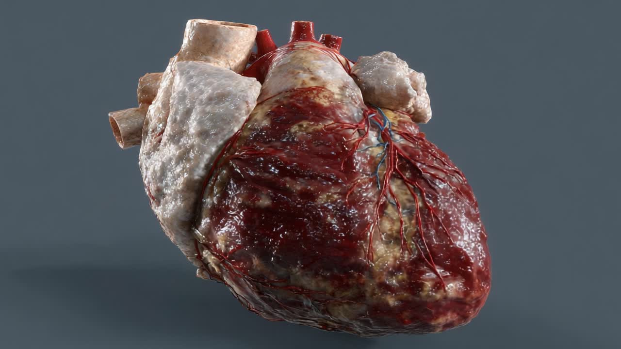 Illustrazione dettagliata della struttura anatomica del cuore: una visualizzazione ravvicinata del cuore che ne illustra i tessuti complessi, i vasi e la texture con uno straordinario realismo