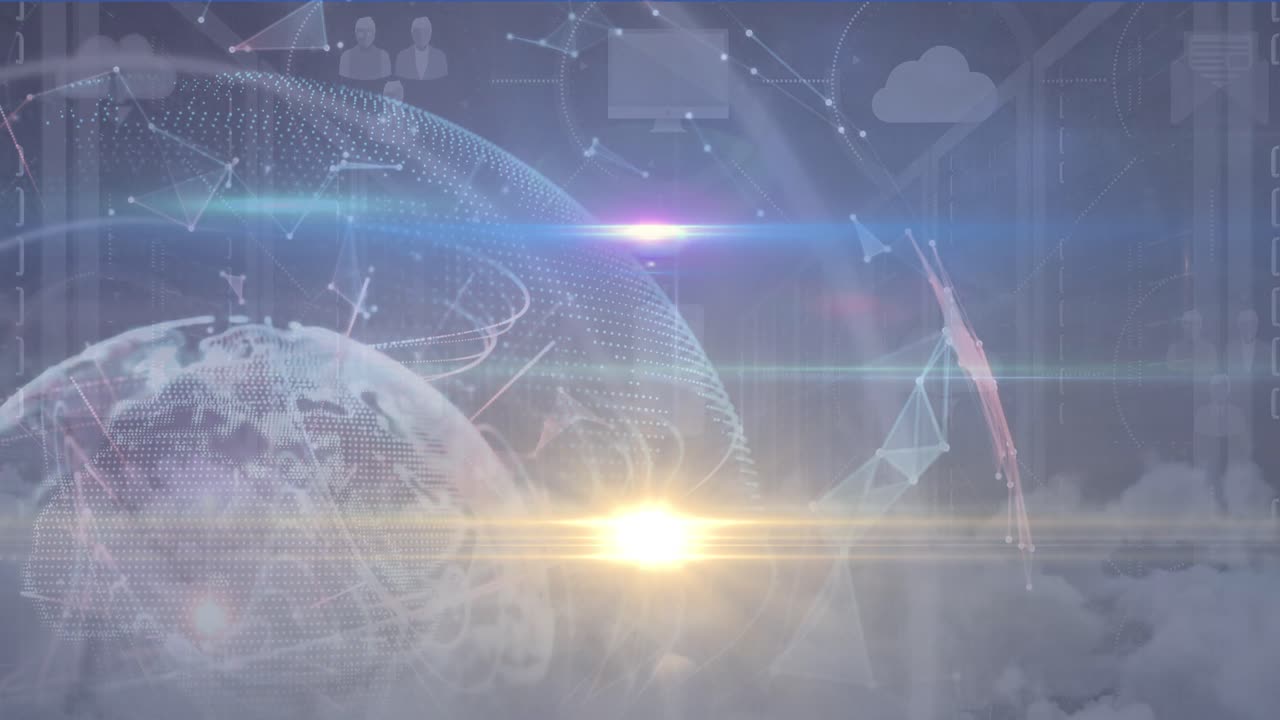 파란색 배경에 대한 전 세계에 대한 빛의 반점, 플렉서스 네트워크 및 디지털 아이콘의 애니메이션