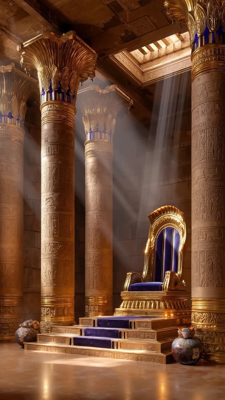 A throne in the middle of a room with columns and a blue carpet