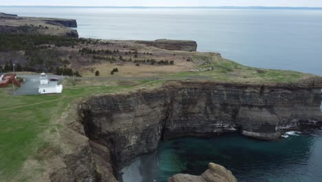 Drone-shot-of-a-lighthouse-spinning-past-the-point-to-reveal-an-open-ocean