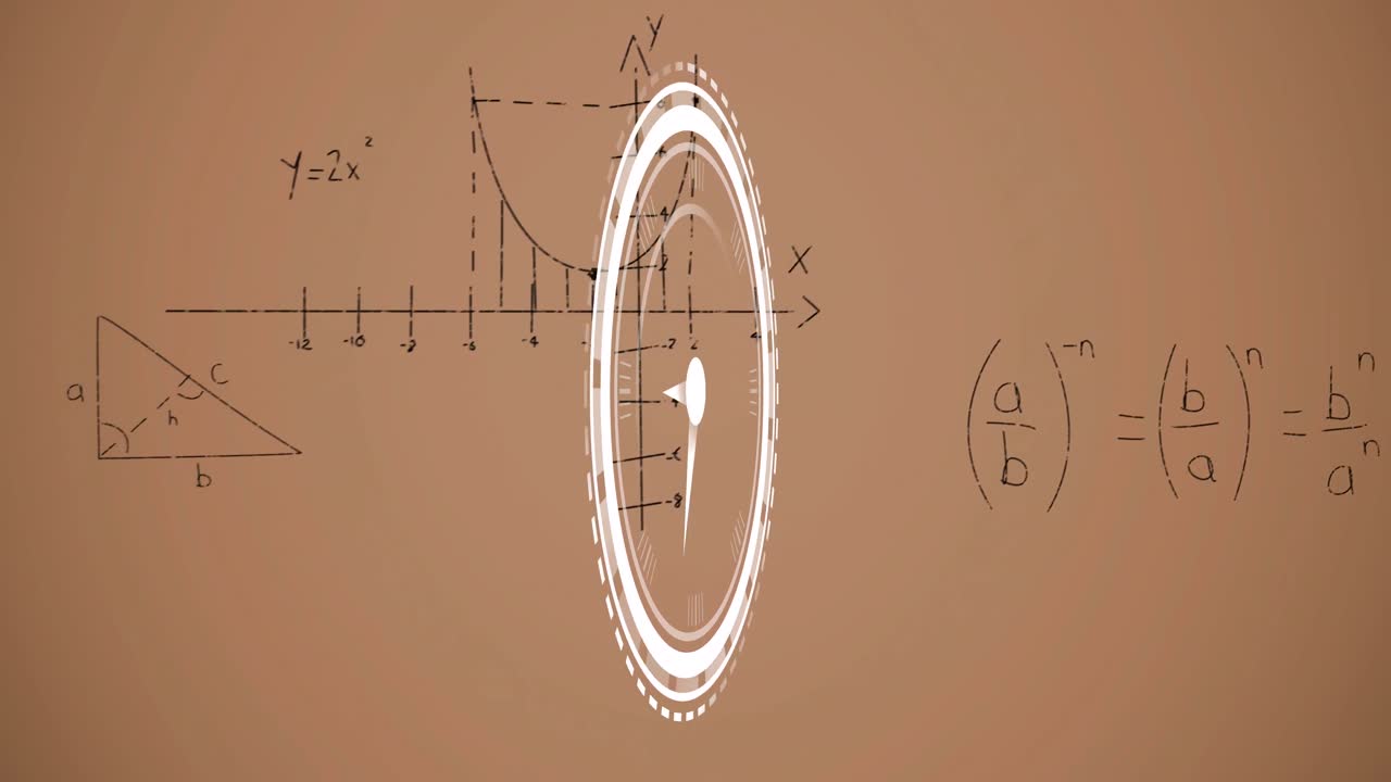 베이지색 배경 위에 수학 수식 위로 이동하는 시계의 애니메이션