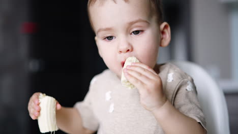 adorable lovely boy eating a banana for lunch. portrait of a kid during taking meals. close up.