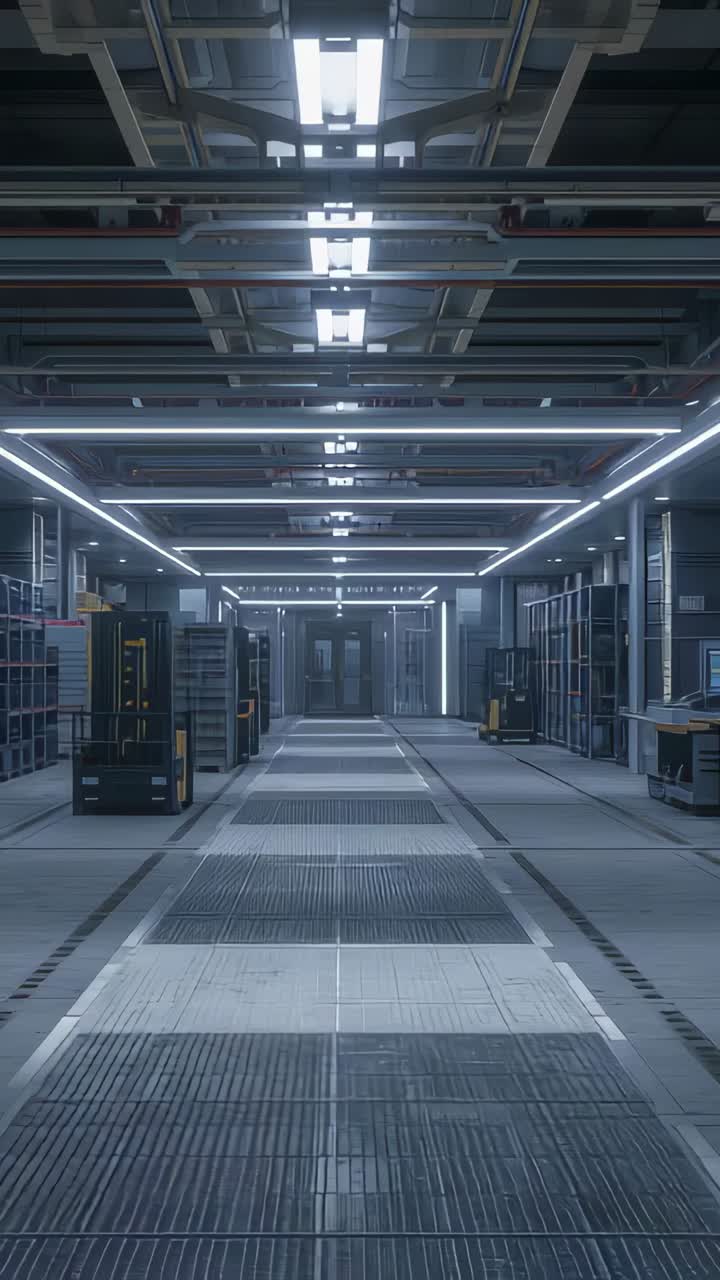 Vertical video: Starting camera gliding down central grated walkway, revealing LED lighting, racks