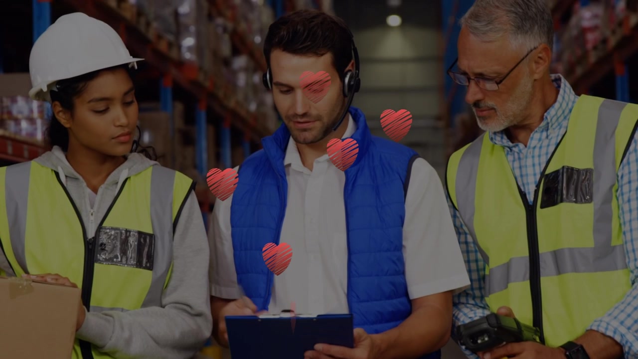 Animation of red heart icons over caucasian male supervisor and male and female workers discussing