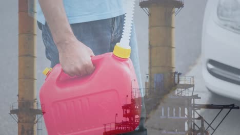 animación de la fábrica sobre el hombre caucásico en la gasolinera