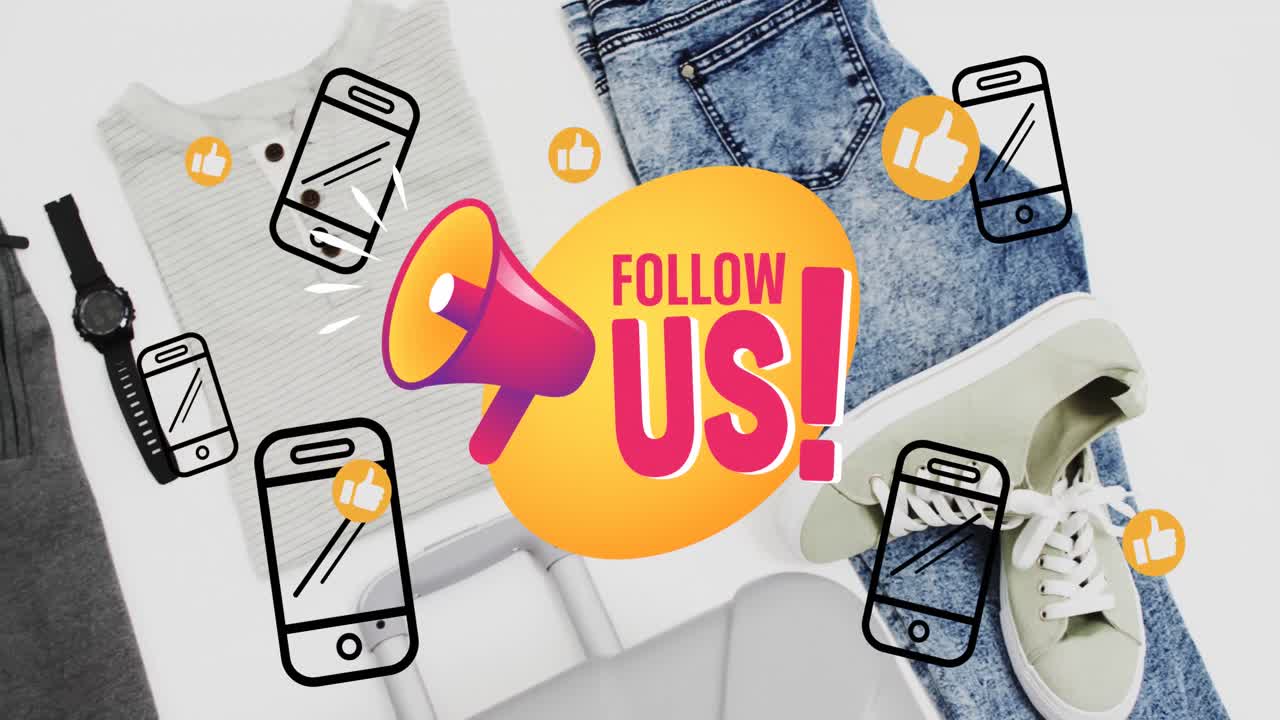 animación de texto de seguirnos con iconos de teléfonos inteligentes sobre maleta y ropa sobre fondo blanco.