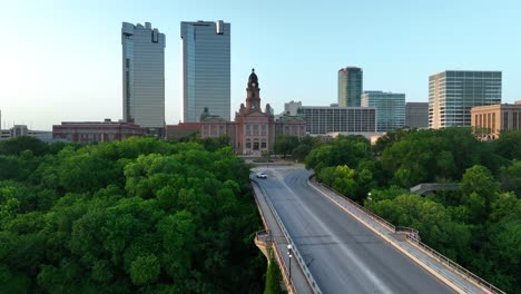 Wide-aerial-truck-shot-of-stately-courthouse