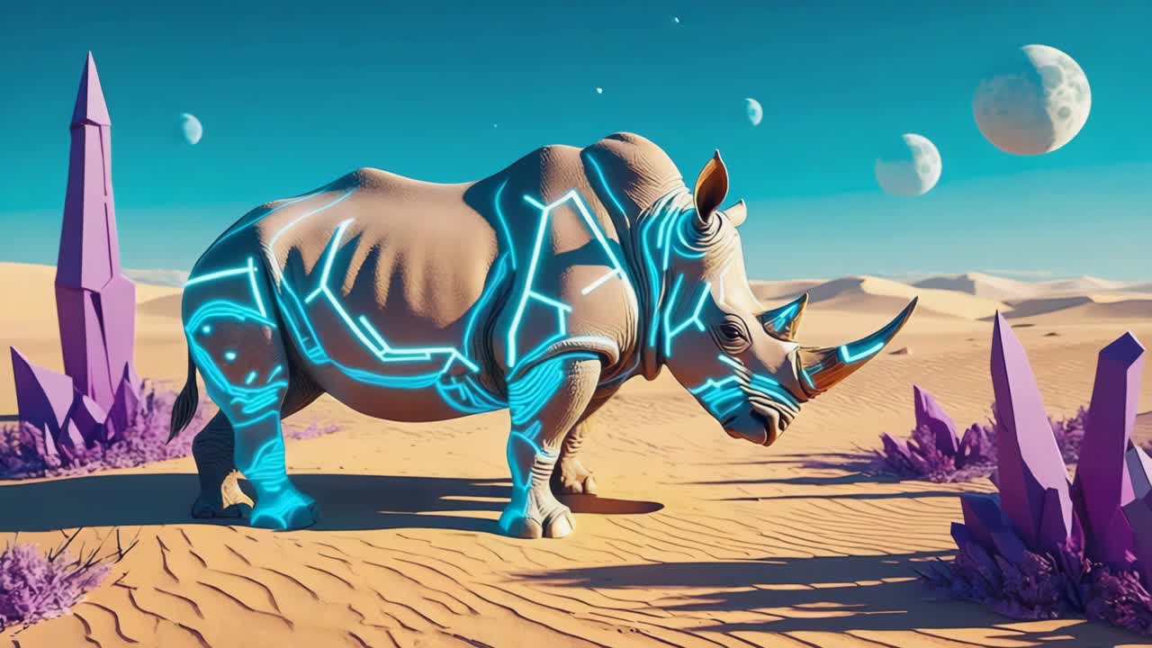 Futuristic Rhino in a Desert Landscape