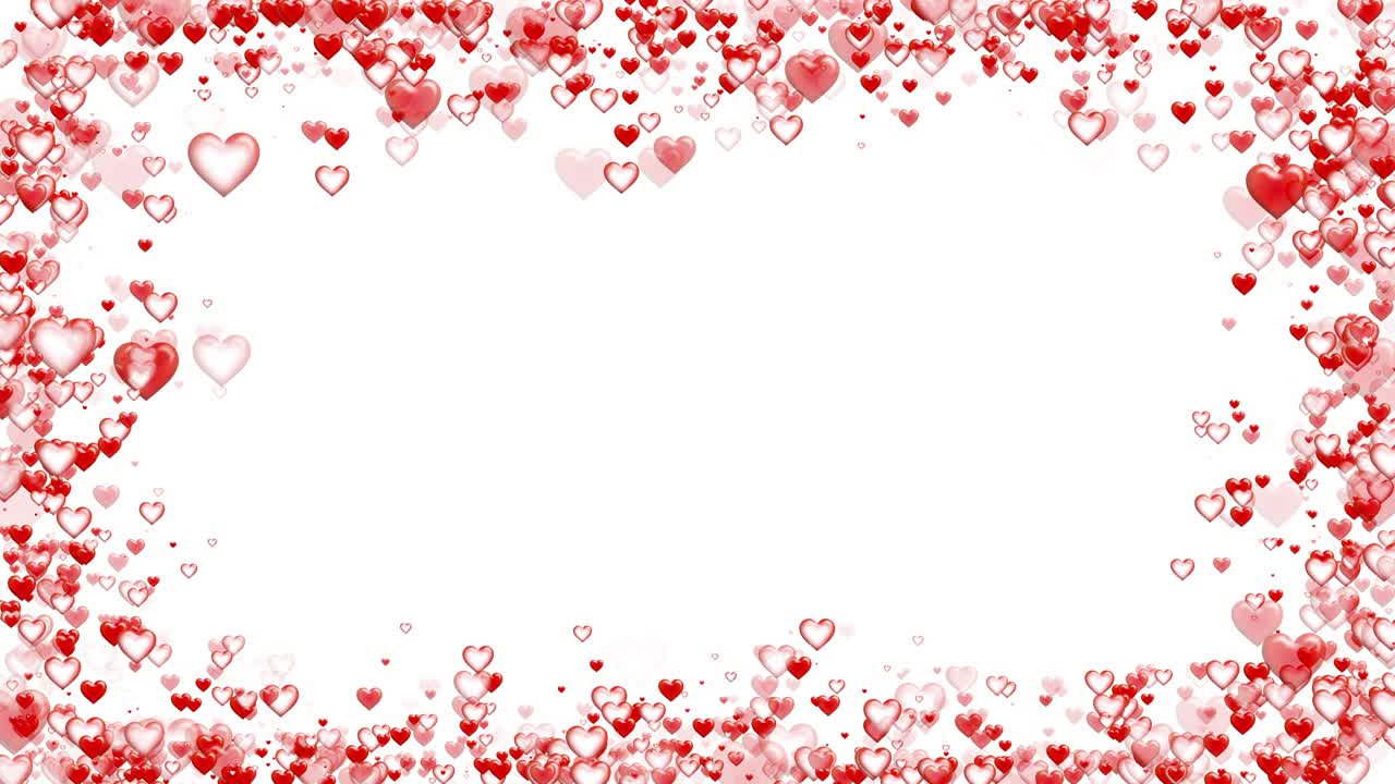 Cuori rossi e rosa che creano un bordo su sfondo bianco per San Valentino, con cornice fluttuante di particelle.