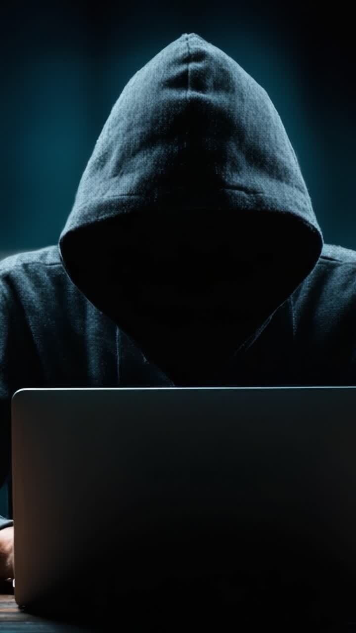 A Mysterious Figure in a Dark Setting Concentrates on a Laptop, Hiding Their Identity Under a Hoodie and Engaging in Unknown Activities