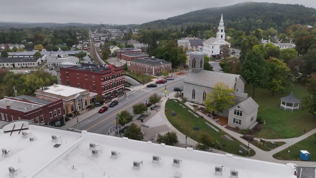 Aerial View of a Charming New England Town in Autumn