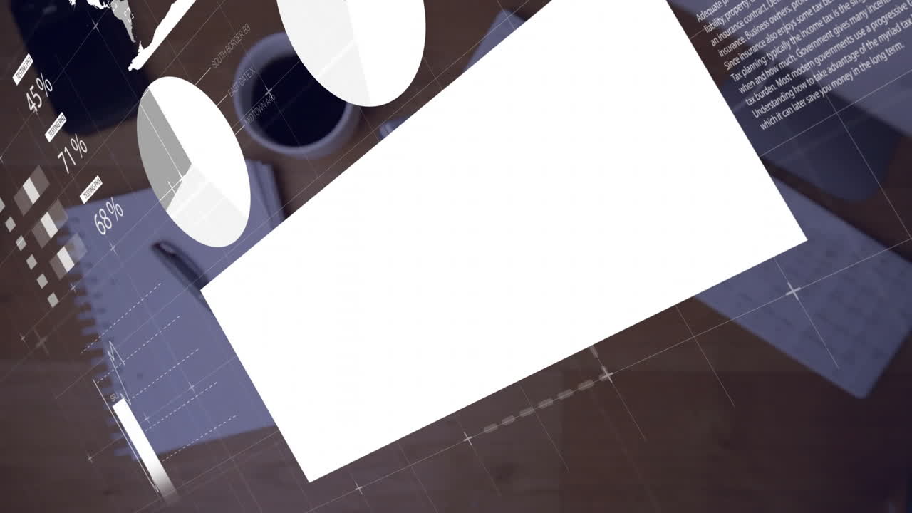 Animazione di elaborazione di dati finanziari su calcolatrice, tazza, quaderno e tastiera su una scrivania.