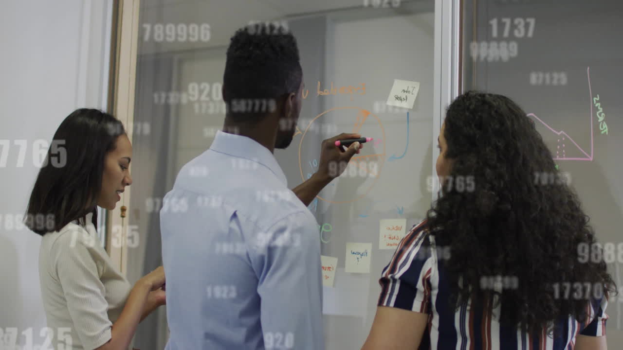 Animation of data processing over diverse business people in office