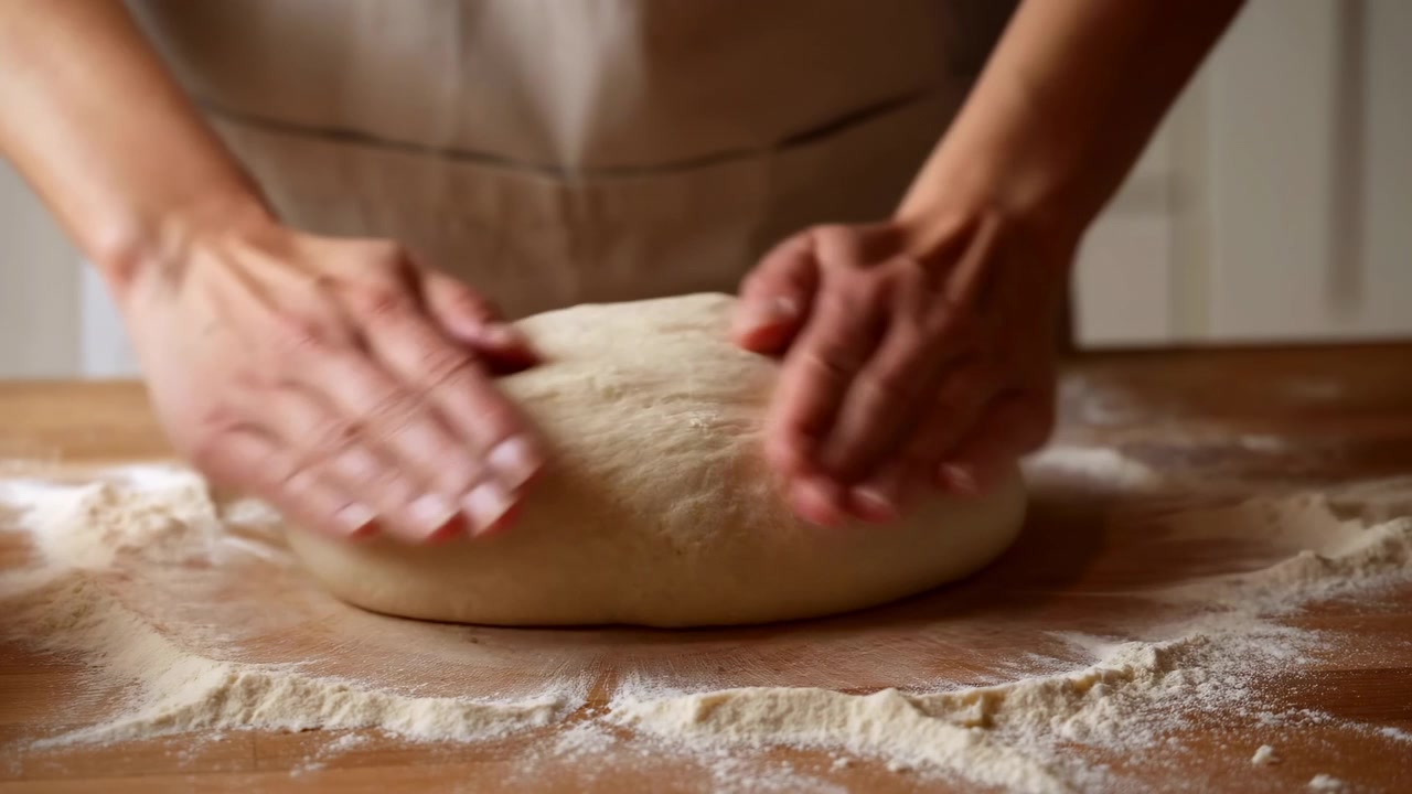 Mani che impastano la pasta su un piano di lavoro in legno infarinato. Un panettiere casalingo con grembiule preme e piega la pasta