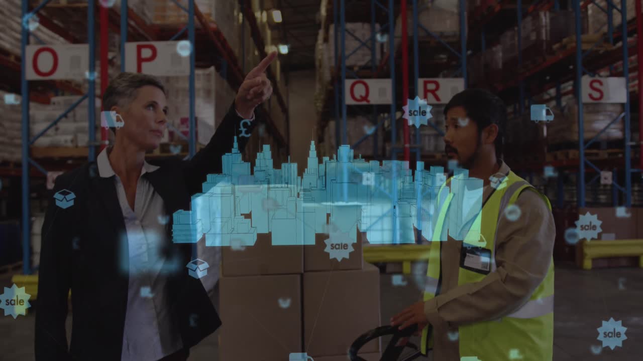 animación de diversas mujeres y hombres trabajadores de almacén sobre la ciudad metaverso