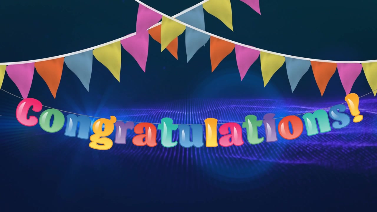 Animazione di testo di congratulazioni e decorazioni su scie luminose su sfondo blu