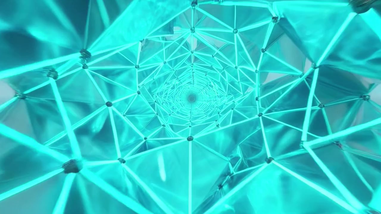 Animasi Terowongan Geometris Abstrak dengan Cahaya Sian Berpendar