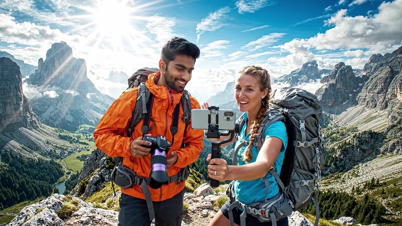 Senderistas aventureros en las majestuosas montañas: Capturando recuerdos y la belleza de la naturaleza con fondos escénicos y paisajes vibrantes.