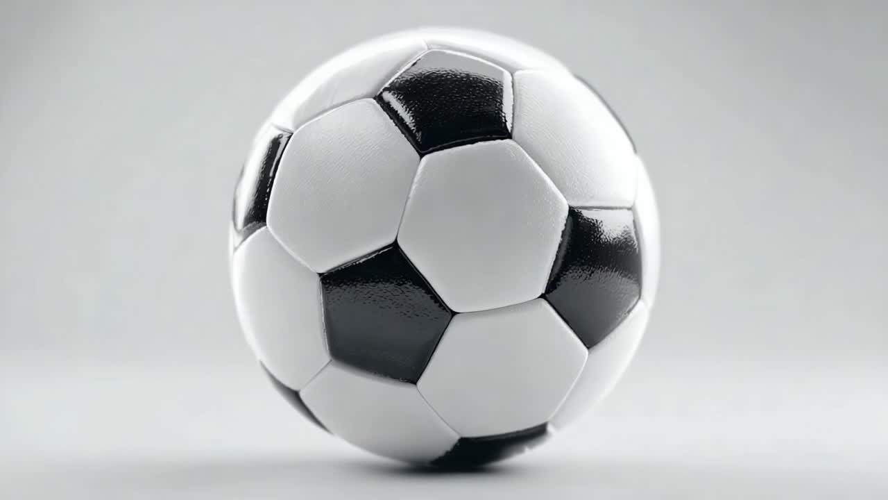 Un vivace pallone da calcio bianco e nero che mostra il suo design e le sue texture classiche, mettendo in evidenza l'iconico motivo di esagoni e pentagoni in un ambiente minimalista.