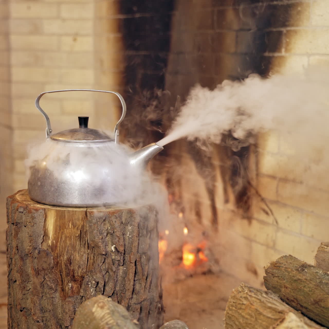 Close up of steaming teapot. Santa Claus's hand is taking the kettle. New Year and Christmas concept. Feast is coming.