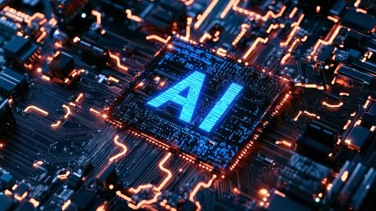 Aerial view of a glowing AI chip on a circuit board, highlighting futuristic technology
