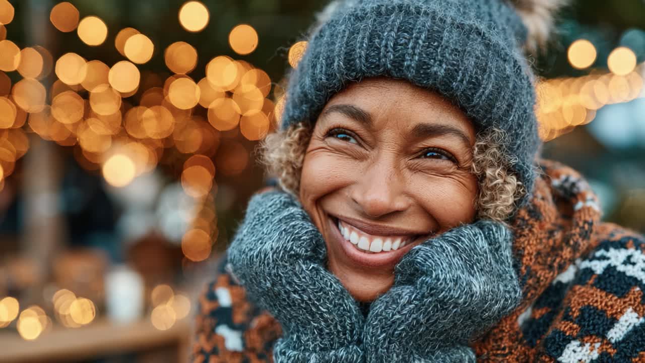 A Joyful Woman with a Warm Smile Enjoys the Festive Atmosphere Surrounded by Glowing Lights, Embracing the Cozy Winter Season in a Stylish Beanie and Sweater