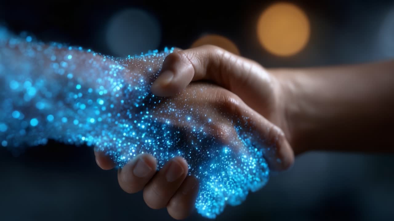 A Close-Up of Two Hands Shaking, Sparking with Vibrant, Mystical Blue Energy in a Somber, Atmospheric Background Full of Soft Bokeh Lights