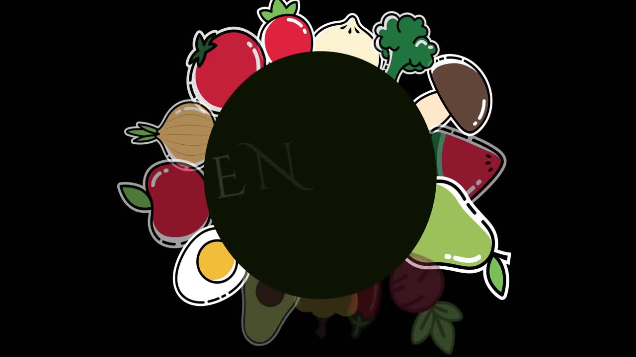 黒い背景に野菜と果物のアイコンの上で「Enjoy」の文字が動くアニメーション
