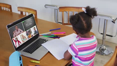 schoolgirl using laptop for online lesson at home, with diverse teacher and class on screen