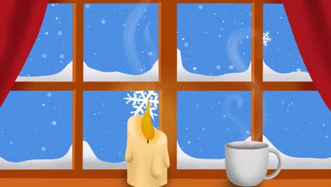 Animación-De-Ventana,-Vela-Y-Taza-Sobre-Nieve-Cayendo