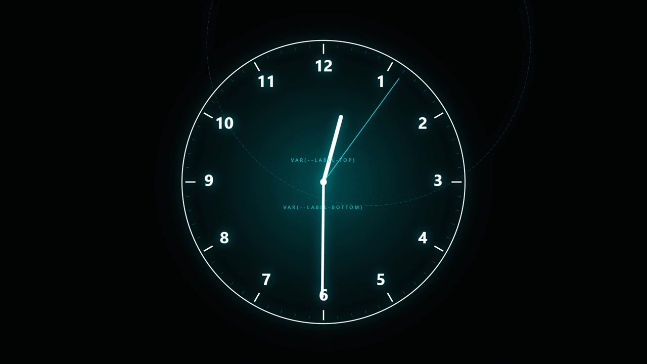 Interfaz de reloj digital con manecillas en movimiento sobre fondo oscuro