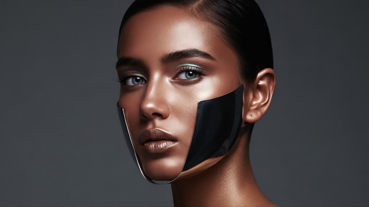 A striking close-up portrait showcasing a model with a bold, modern aesthetic featuring a sleek facial design, illuminating her captivating features and fierce expression