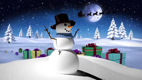 Snow-falling-over-snowman-and-christmas-gifts-on-winter-landscape-against-moon-in-the-night-sky