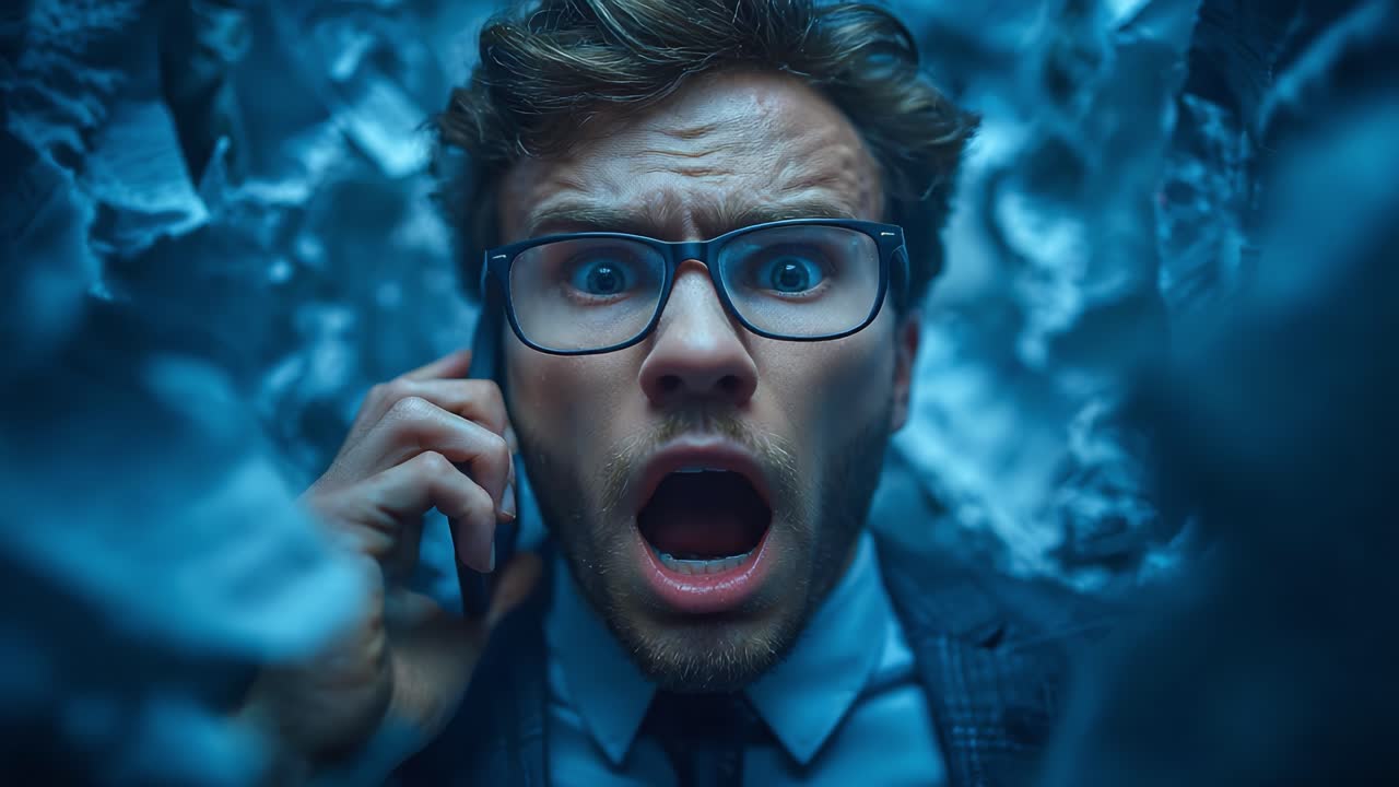 A man trapped in shock and panic, communicates urgently through his phone while enveloped in a chaotic environment of torn materials, displaying intense emotion and distress