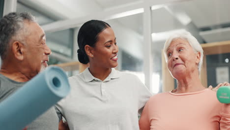 senior care, support and physiotherapist with old