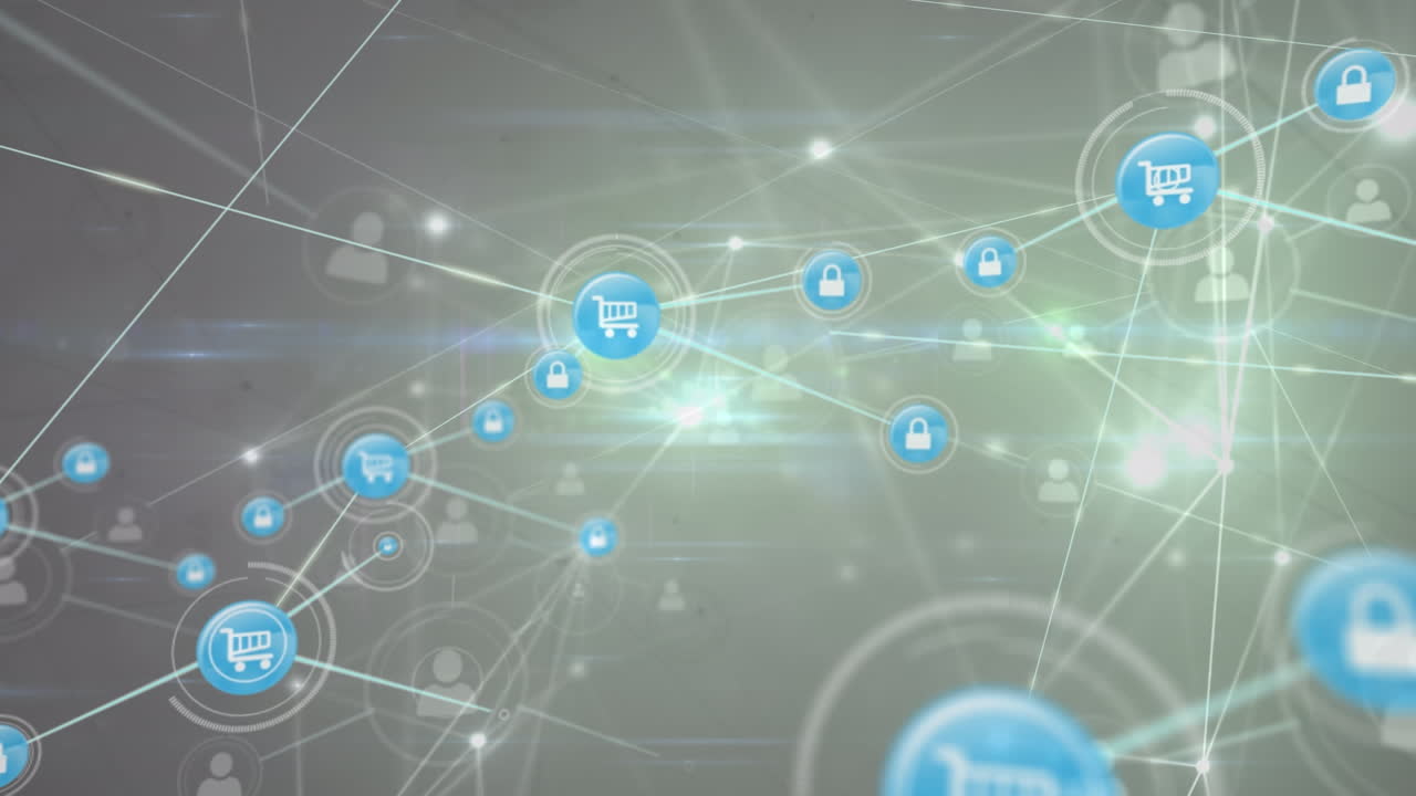 animación de la red de conexiones con iconos en fondo oscuro