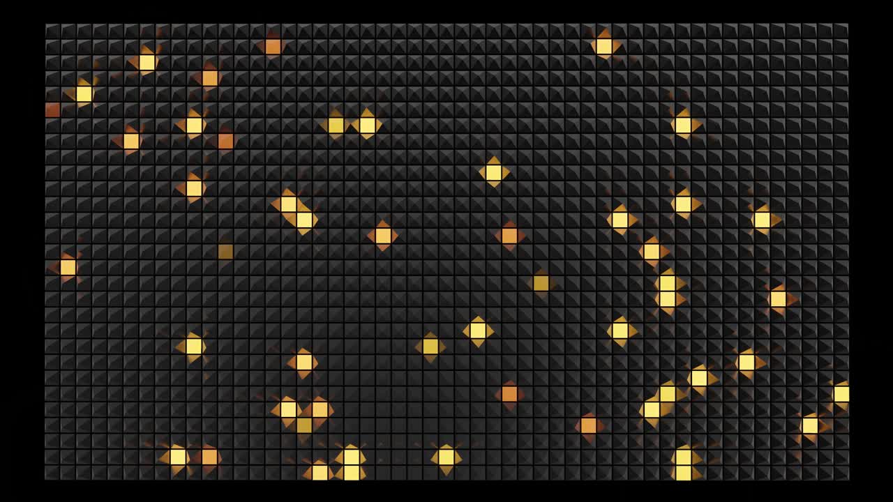 추상적인 축제 배경은 평면에 검은 피라미드와 함께 무작위로 다채로운 네온 빛을 박이고, 4k에서 아름다운 bg 루프, 부드러운 애니메이션, 3d 렌더링.