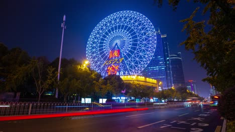 hora de la noche iluminada ciudad de changsha famosa rueda de ferris tráfico calle panorama timelapse 4k china