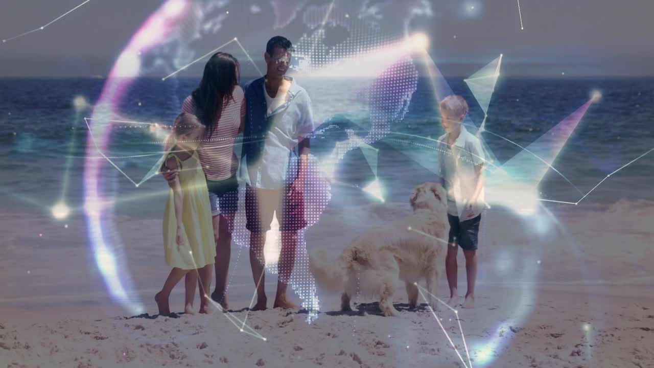 Familie står på strand, gutt tilbyr grønn ball, hund jager, animert teknologikule danner seg rundt hunden.