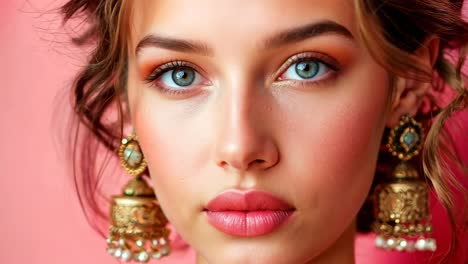 a woman with blue eyes wearing a necklace and earrings