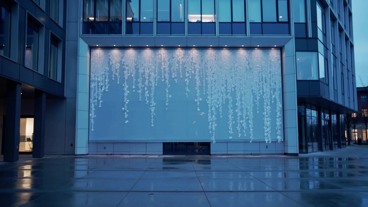 Pannello display incassato che si anima, luci superiori che creano fili a cascata attraverso la piazza bagnata, con illuminazione verso il basso.