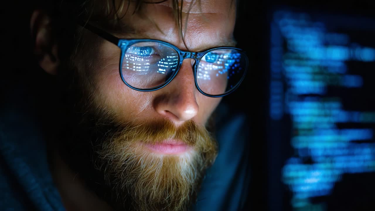 Focused Programmer Analyzing Data on a Computer Screen, Captivated by the Lines of Code Illuminating His Glasses in a Dark Room