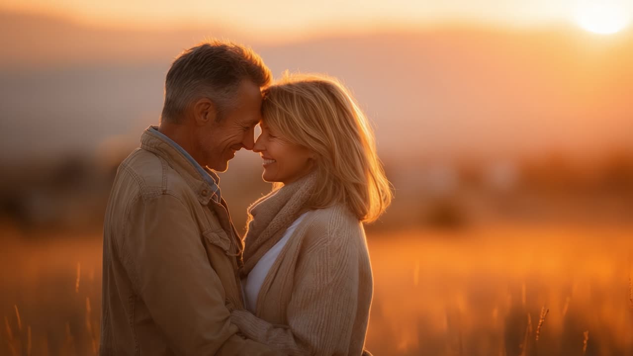 Un momento tenero catturato: una coppia che si abbraccia in un campo illuminato dal sole al tramonto, ritraendo perfettamente amore, connessione e beatitudine romantica in mezzo alla bellezza della natura.