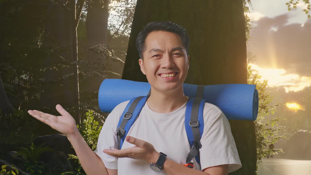웃는 남자가 숲에서 하이킹을 하고 있다.