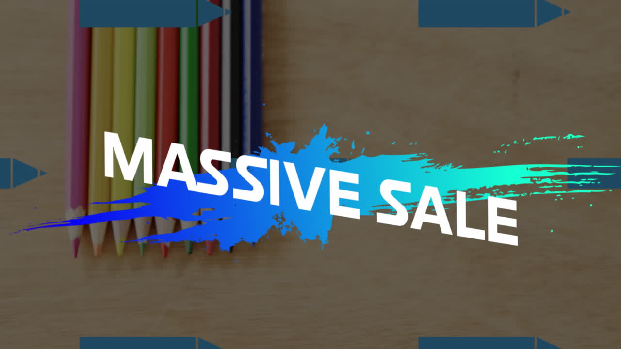 animación de texto de venta masiva sobre salpicaduras y lápices de colores
