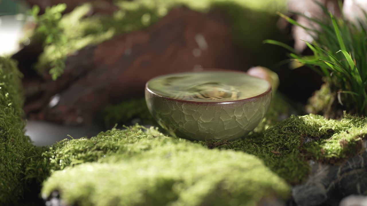 Elegant Tranquil tea ceremony still life film food culture Moment: Aromatic Herbal Infusion with a beautiful mountain backdrop creating a tranquil scene