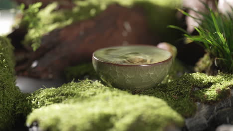 elegant tranquil tea ceremony still life film food culture moment: aromatic herbal infusion with a beautiful mountain backdrop creating a tranquil scene